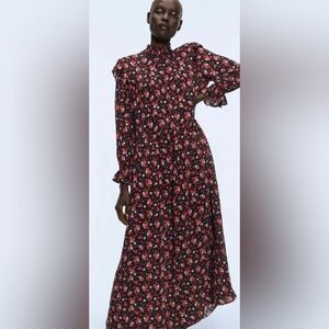 ZARA Black Red Floral Printed High Neck Long Sleeve Maci Dress sz XS